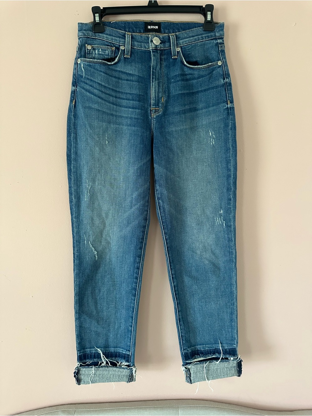 Hudson Zoeey High Rise Straight Cropped Distressed Medium Wash Denim Jeans - Picture 6 of 14